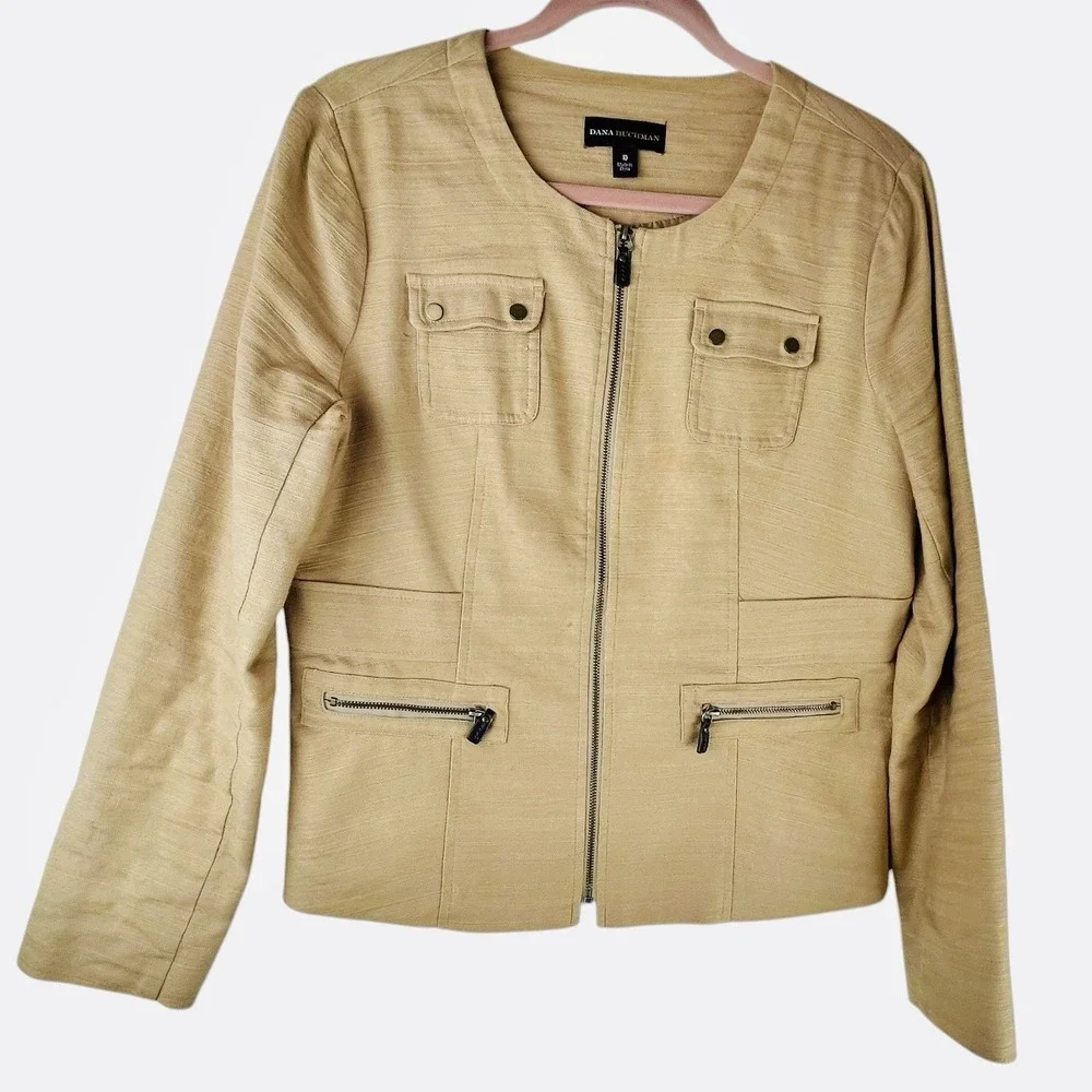 Dana Buchman Camel Yellow Blazer Womens 10 Linen Textured Zip Jacket Tan‎